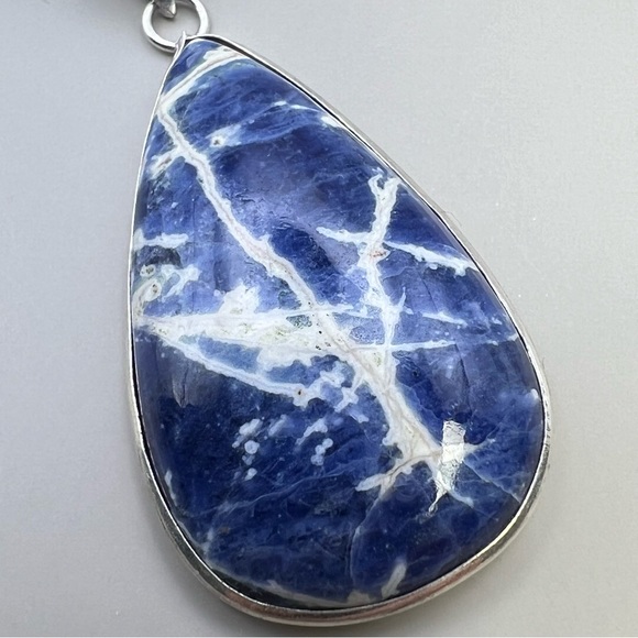 New Sodalite Stone Silver Overlay Pendant Necklace with Cord - Picture 3 of 5
